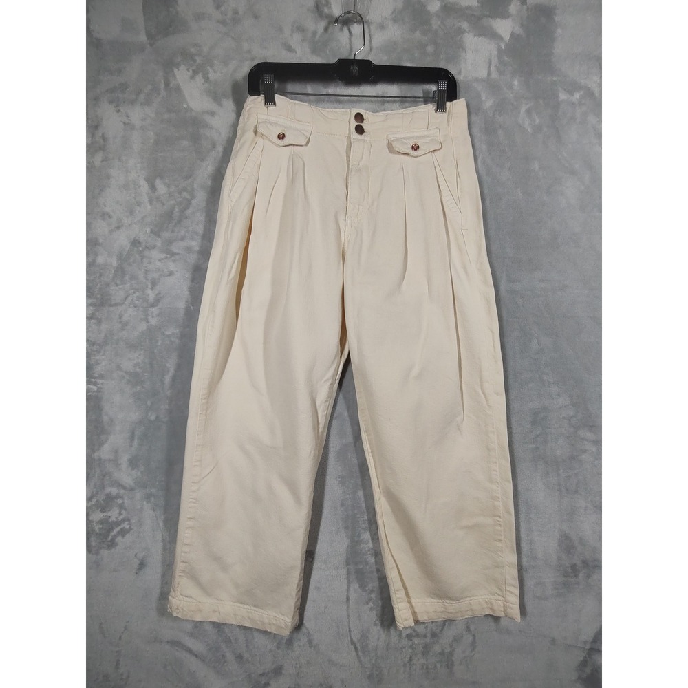 Pilcro Anthro Cream Wide Leg Cinch Back Pleated Denim Pants Womens 28 Off White